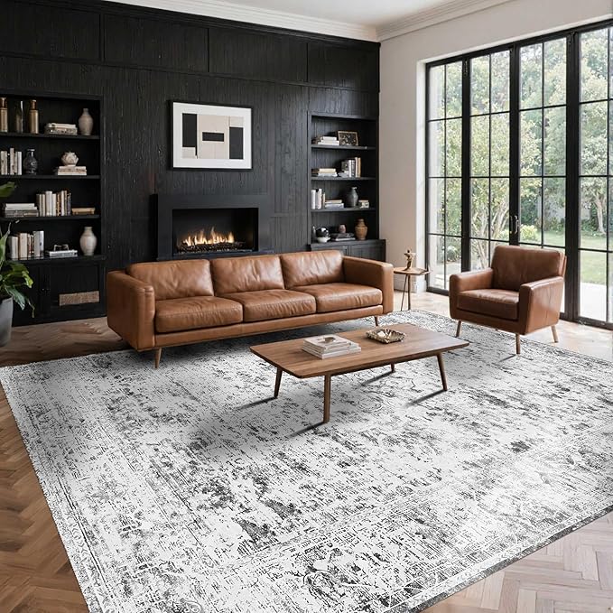 8x10 Large Area Rugs for Living Room, Vintage Grey Rugs for Bedroom,Washable Boho Indoor Soft Non Slip Carpet for Dining Room, Low Pile Rugs for Office,Farmhouse