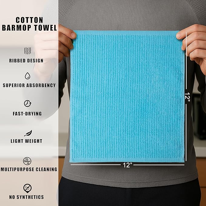 Textila Bar Mop Towels 12x12 Inch – Aqua Blue – Pack of 10 - Cotton Dish Cloths & Cleaning Towels for Kitchen, Bar, Restaurant, Household Use – Absorbent, Durable, Reusable
