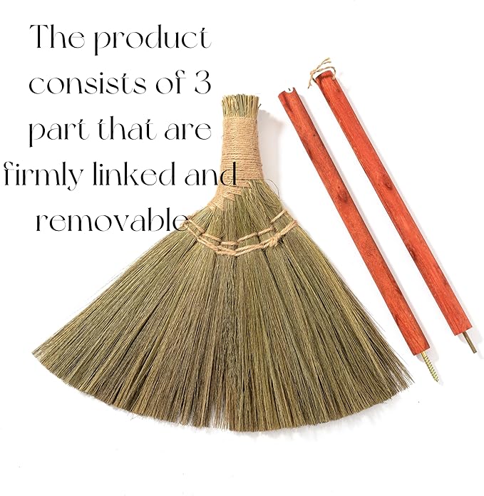 Vietnamese Natural Straw Broom – Handmade Soft Grass Broom for Indoor & Outdoor – Red Long Wooden Handle Broomstick for House, Kitchen, Garage – Wedding Jumping Broom with 46.46'' Length