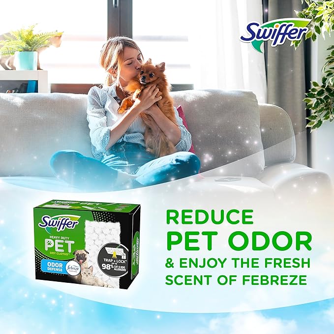 Swiffer Sweeper Pet Heavy Duty Dry Multi-Surface Cloth Refills for Floor Sweeping and Cleaning, Febreze Freshness, 10 Count