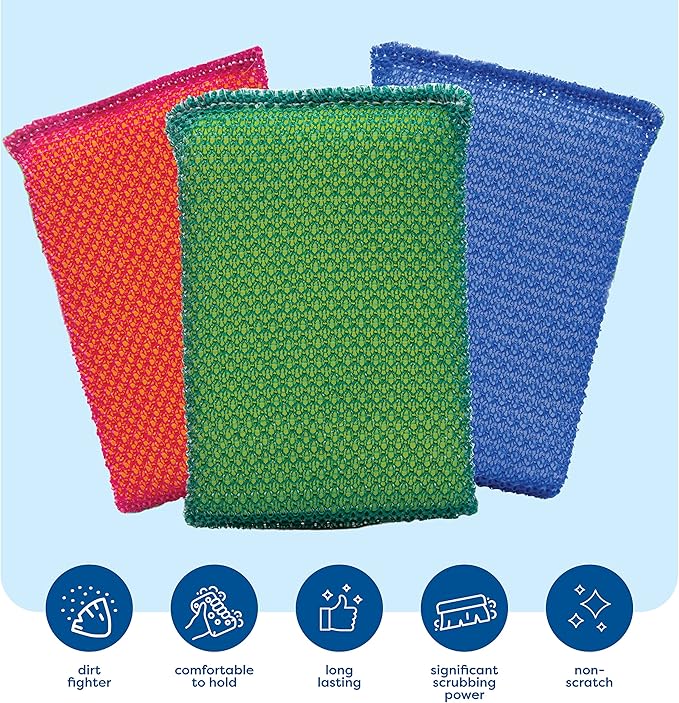 SCRUBIT Multi-Purpose Dish Scrub Sponge, Non Scratch Scouring Pads, Cleaning Sponges for pots & Dishes - Pot Scrubber Sponges for Kitchen & Bathroom - 12 Pack Dish Sponge (Blue,Red,Green)
