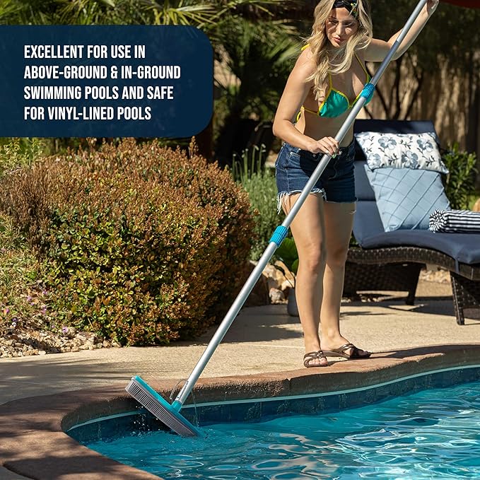 U.S. Pool Supply 13" Pool Brush with Rubber Bristles and Squeegee Edge - Safe for Vinyl Liners, Ideal for Above-Ground Pools, Aluminum Pole Handle - Scrub Leaves Debris from Walls, Floors, Corners