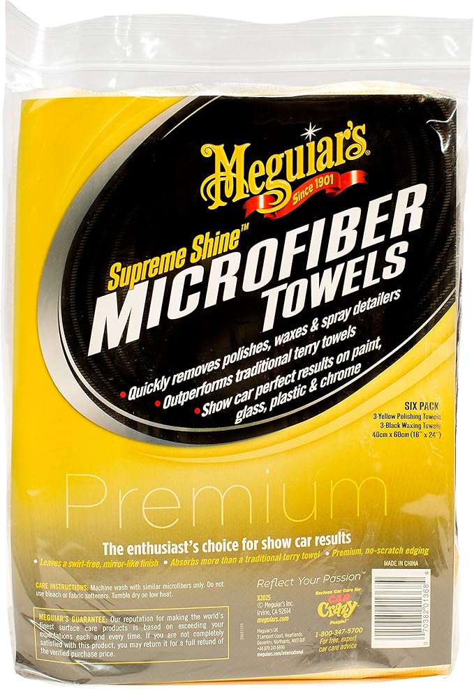 Meguiar's Supreme Shine Microfiber Towels for Cars,Ultra-Plush Car Microfiber Towel Set for Quickly Removing Product Without Leaving Swirls on Paint,Glass,Plastic,or Chrome,(Pack of 6)