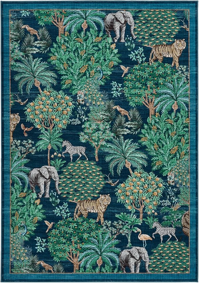 GarveeHome Jungle 8x10 Area Rug Washable Rugs for Living Room, Forest Rug Non Slip Low Pile Soft Indoor Stain Resistance Animal Print Carpet for Bedroom Dining Room Playroom Nursery, Blue
