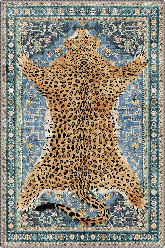 Bavni 4x6 Leopard Rug, Machine Washable Cheetah Animal Print Low Pile Boho Woodland Jungle Carpet, Non-Slip Non-Shedding Pet Friendly Rug for Living Room Playroom Nursery Bedroom Entryway, Blue