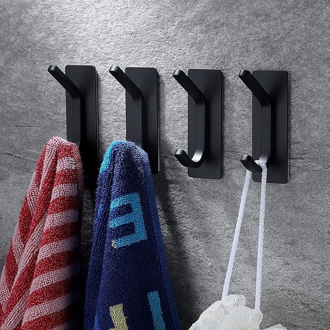 YIGII Towel Hook/Adhesive Hooks - Black Wall Hooks Stick for Bathroom and Kitchen Heavy Duty Hooks 4-Pack, Stainless Steel