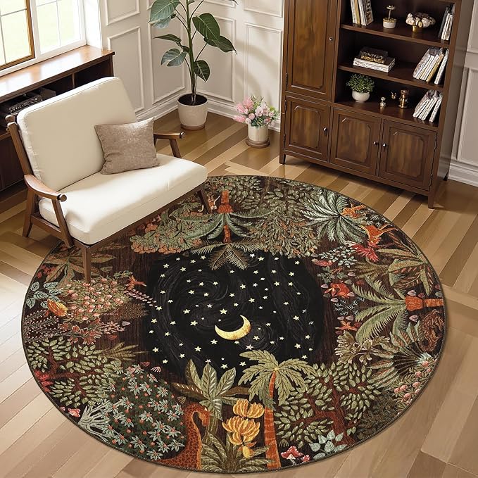 GarveeHome Round Area Rugs 4ft for Kids Room, Brown Jungle Washable Circle Rug Soft Non Slip Forest Animal Print Floor Mat Tiger Carpet Indoor Thin Tent Rug for Bedroom Dining Room Playroom Nursery