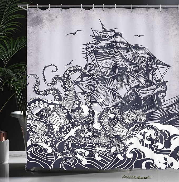 Ambesonne Vintage Art Nautical Shower Curtain Set for Ocean Theme Bathroom Kraken Octopus Tentacles with Ship Sail Boat in Ocean Waves 100% Polyester Cloth Fabric Set with 12 Hooks 69" W x 84" L, Blue