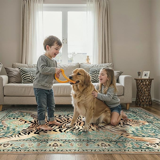 Bavni 3x5 Tiger Rug, Machine Washable Animal Print Low Pile Boho Woodland Jungle Carpet, Non-Slip Non-Shedding Pet Friendly Rug for Living Room Playroom Nursery Bedroom Entryway, Green