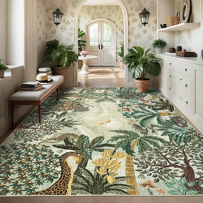 GarveeHome 4x6 Washable Area Rug for Kids Room, Jungle Animal Soft Bedroom Rug Non Slip Low Pile Small Carpet Stain Resistant Green Throw Rug for Bedside Playroom Office Dining Room