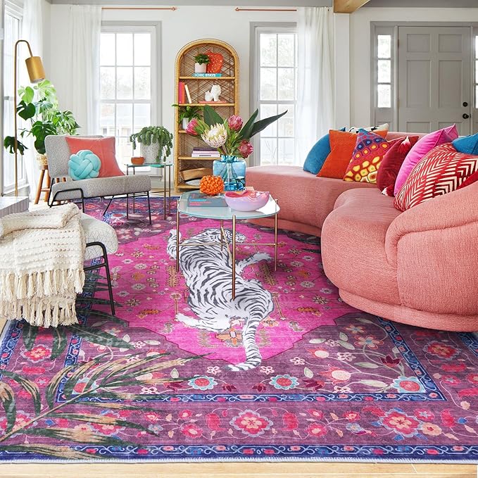 8x10 FT Leopard Rug for Living Room Hot Pink Leopard Vintage Animal Rug Aesthetic Pink Rugs for Girls Room Nursery Bedroom Home Office Dorm Thin Bright Magenta Carpet (Hot Pink, 10X8 FT)