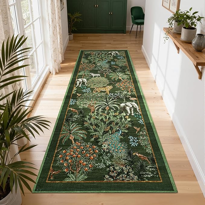 GarveeHome Jungle Rug 2.5x8 Kitchen Runner Rug Non Slip Washable Runners for Hallways, Animal Print Runner Rugs with Rubber Backing Low-Pile Forest Long Carpet for Bedroom Entryway Laundry, Dark Green