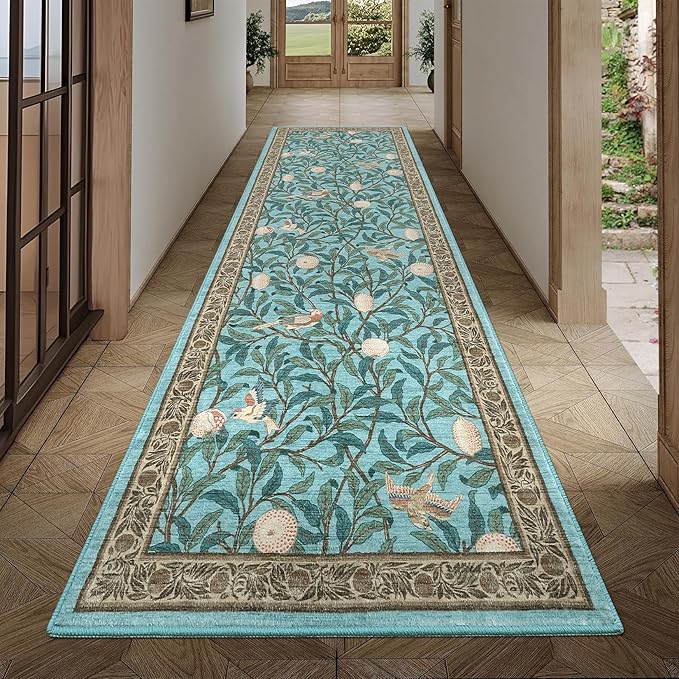GarveeHome 2x6 Runners for Hallways Non Slip, Boho Leaf Kitchen Runner Rug Washable Rugs for Bedroom, Low Pile Soft Blue Runner Botanical Bird Rug for Dorm Entryway Laundry Room Bedroom
