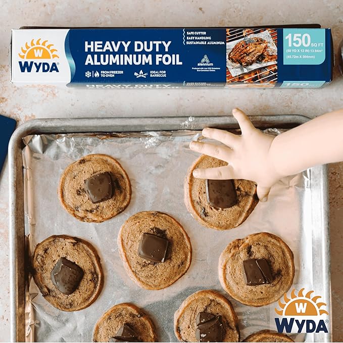 Wyda Heavy Duty Aluminum Foil – 150 Sq Ft (50 Yd x 12 In) |Strong Food-Grade with Built-In Cutter for Baking, Grilling, Cooking & Food Storage | Oven & Freezer Safe, Recyclable