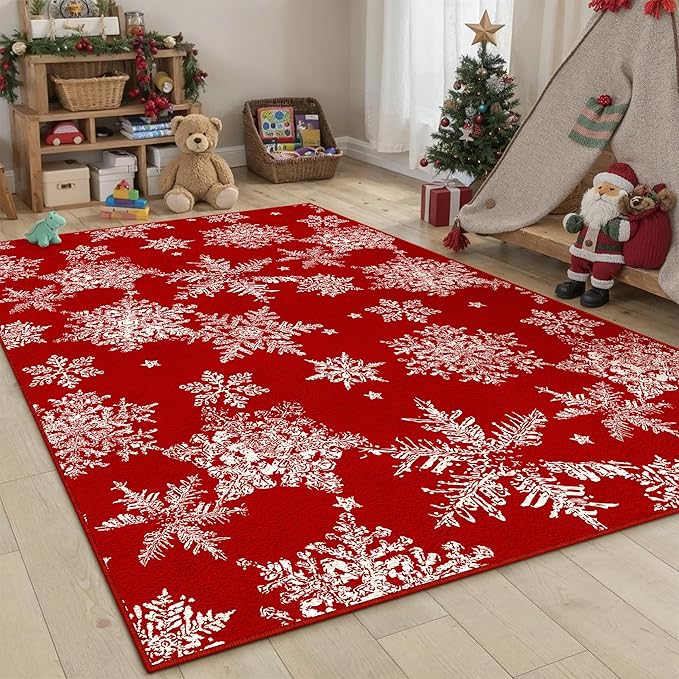 Red Area Rug 4x6 Christmas Office Carpet Snowflake Washable Doormat Xmas Holiday Decor Non Slip Indoor Kitchen Accent Rug Decorative for Entryway Dining Room