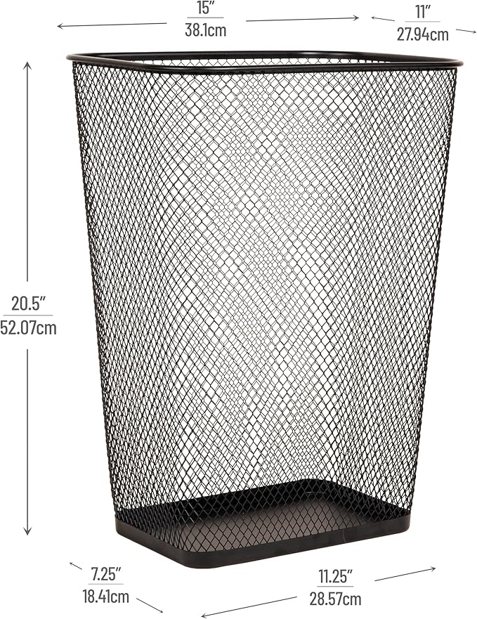 Mind Reader 10 Gallon Executive Waste Paper Bins, Solid Bottom, Non Slip Pads, Office and Home, Metal Mesh, Set of 2, Black