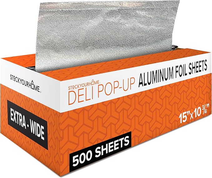 Pre-Cut Deli Aluminum Foil Sheets (500 Count) – 15” Extra-Wide Heavy-Duty Pop-Up Sheets for Restaurant Use, Disposable Tin Foil for Burritos, Hot Dogs & Sandwiches