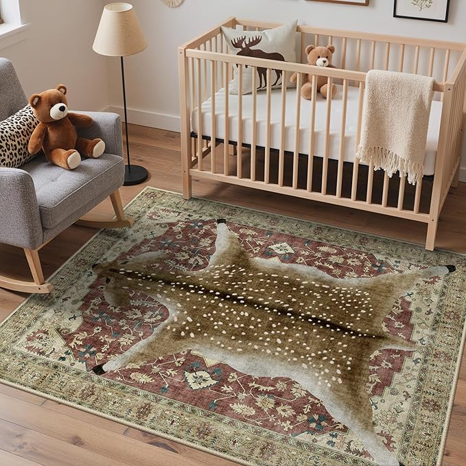 Bavni 5x7 Deer Rug, Machine Washable Animal Print Low Pile Boho Carpet, Non-Slip Non-Shedding Pet Friendly Rug for Living Room Playroom Nursery Bedroom Entryway, Red Yellow