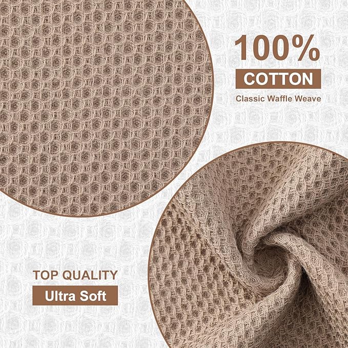 Kitinjoy 100% Cotton Kitchen Dish Cloths (12 X 12 Inches, Tan), 12 Pack Waffle Weave Ultra Soft Absorbent Dish Towels for Drying Dishes Quick Drying Kitchen Towels Dish Rags