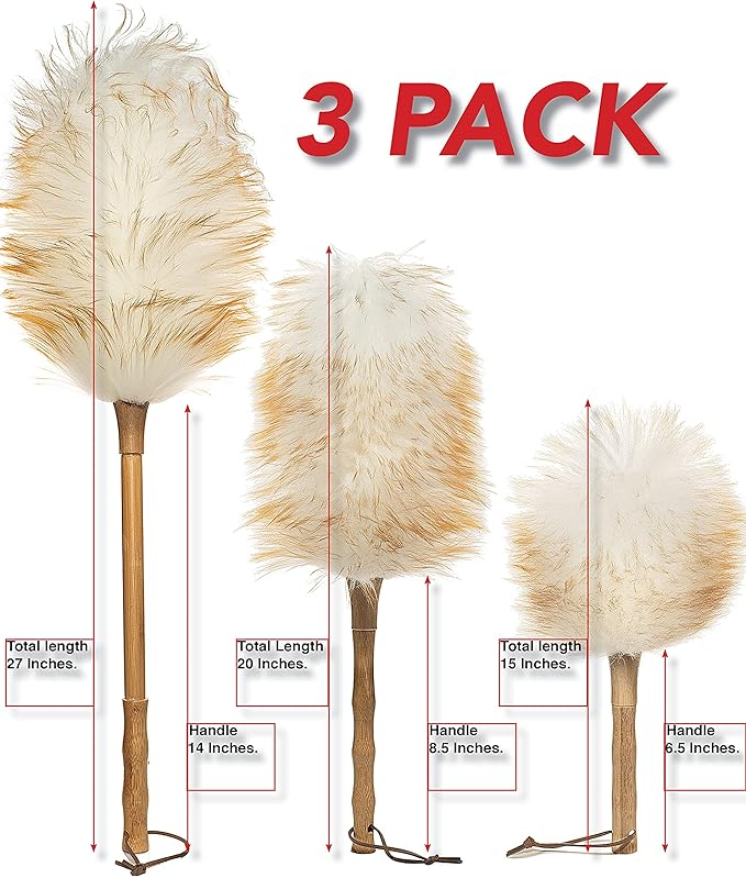 Avain Wool Duster with Wood Handle, Blinds Cleaner Purifier, Brush Cleaning Tool, Lambswool Dusters for Cleaning Vehicles, Office and Housework Dusting 18.inches Long (Pure, Pack of 3)