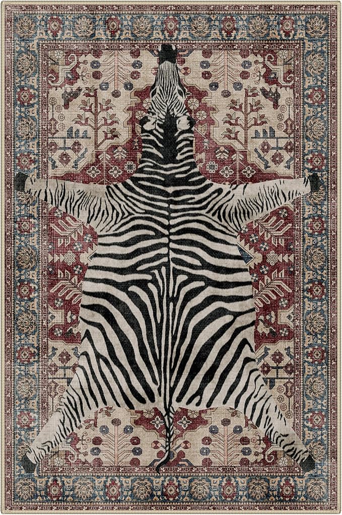 Bavni 2x3 Zebra Rug, Machine Washable Door Mat,Soft Animal Small Boho Rugs Non Slip Low Pile Non-Shedding Pet Friendly Throw Indoor Print Carpet for Entryway Front Door Bathroom,Red