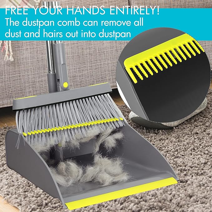 PHYEX 2-Pack Broom and Dustpan Combo Set, 48" Long Adjustable Handle Stand Up Dustpan with Self-Cleaning Teeth, Ideal for Home, Office, Kitchen, Indoor & Outdoor Use, Grey