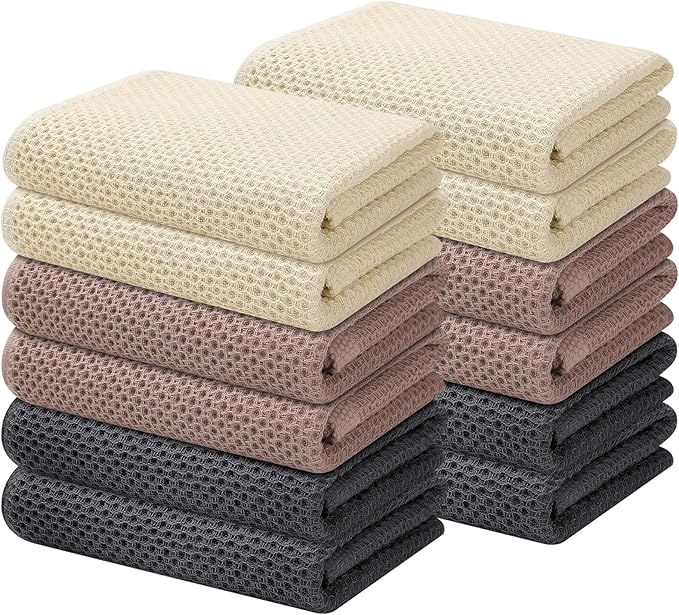 Kitinjoy 100% Cotton Waffle Weave Kitchen Hand Towels (13 X 28 Inches, Mixed Color), 12-Pack Super Soft and Absorbent Dish Towel for Drying Dishes