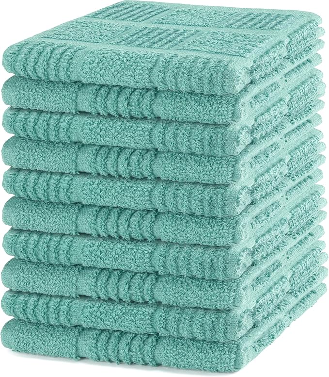 DecorRack 10 Pack 100% Cotton Kitchen Towels, 12x12 inch Soft Terry Dishcloths, Absorbent Hand Towels for Cleaning, Drying & Dishes, Plaid Pattern Cleaning Rags, Mint (Pack of 10)