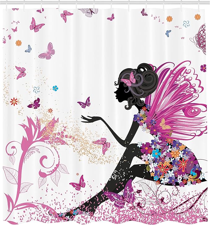 Ambesonne Fantasy Shower Curtain, Spring Girl Wings in a Floral Dress Surreal Garden Butterflies Print, Cloth Fabric Bathroom Decor Set with Hooks, 69" W x 75" L, Pastel Pink