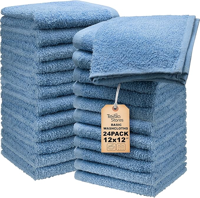 Basic Wash Cloths 12x12 Inches – Bulk Pack of 24 – Blue Color – Soft and Absorbent Multipurpose Cotton Washcloths for Bathroom, Spa, Gym, Salon, Hotel, and Everyday Use