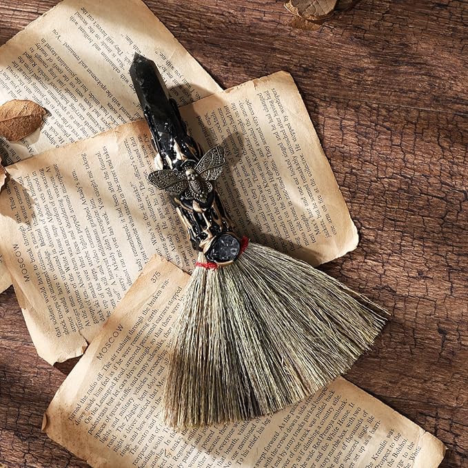 Labradorite Witch Altar Broom - Wiccan Stuff Witchcraft Supplies Moth Mini Magic Broomstick with Natural Healing Crystals Hexagonal Points Pagan Reiki Fengshui Energy Clearing Gift