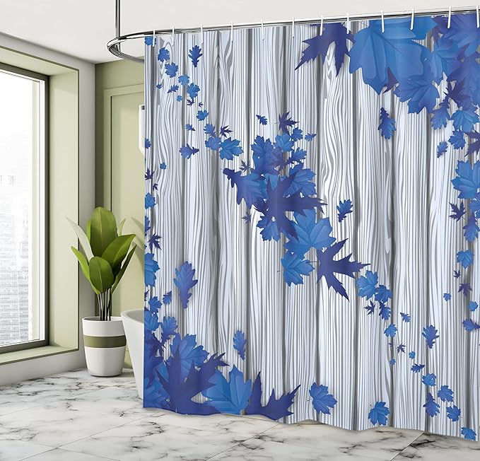 Ambesonne Autumn Shower Curtain, Fall Maple Leafs Tree Diagonal Leaves Foliage Rustic Wooden Planks Illustration, Cloth Fabric Bathroom Decor Set with Hooks, 69" W x 84" L, Cobalt Blue