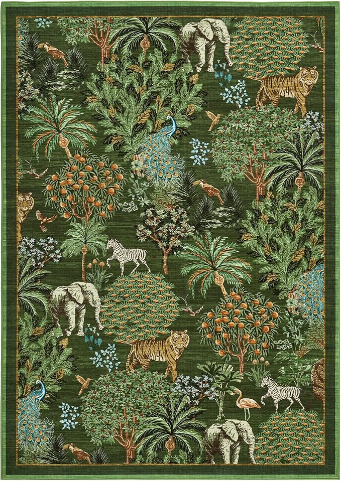 GarveeHome Jungle Animal Print Rug 4x6 Washable Area Rugs for Living Room, Forest Rug Non Slip Soft Low Pile Stain Resistance Throw Carpet for Bedroom Kids Playroom Nursery, Dark Green
