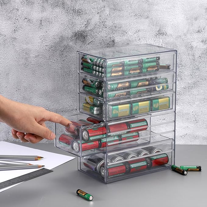 BTSKY Clear Plastic Battery Storage Organizer for AA, AAA, 9V, C, D Batteries, 5-Drawer Storage Box Battery Holder Organizer for Common Types Batteries, Household Container(Batteries Not Included)