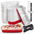50 PACK Mini Cake Pans with Lids and Spoons, Rectangular Aluminum Foil Bread Pan, Mini Loaf Pans and Food Containers with Lids(Red, 6.8oz)
