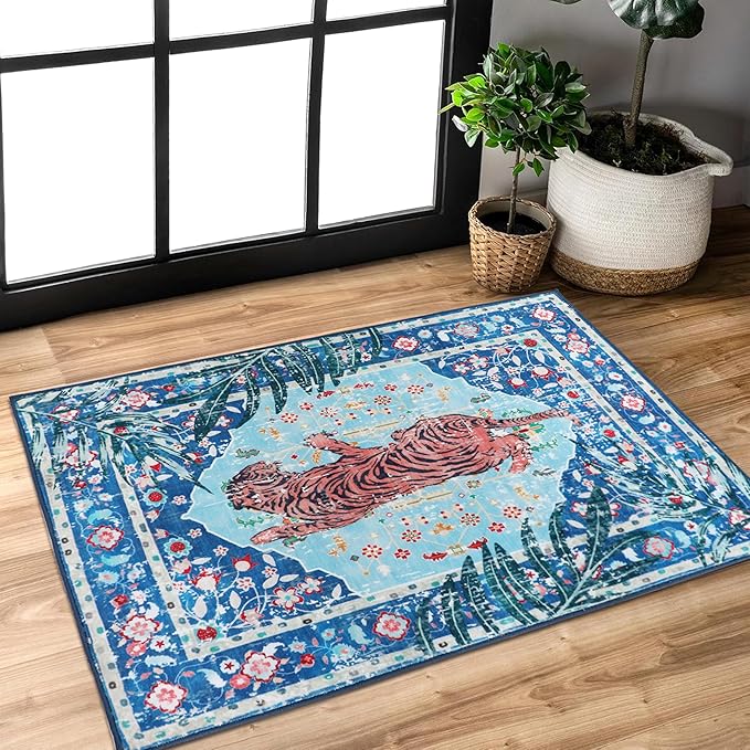 3x5 FT Leopard Rug for Living Room Vintage Animal Rug Aesthetic Rugs for Girls Room Nursery Bedroom Home Office Dorm Thin Bright Blue Carpe (Blue, 3X5 FT)