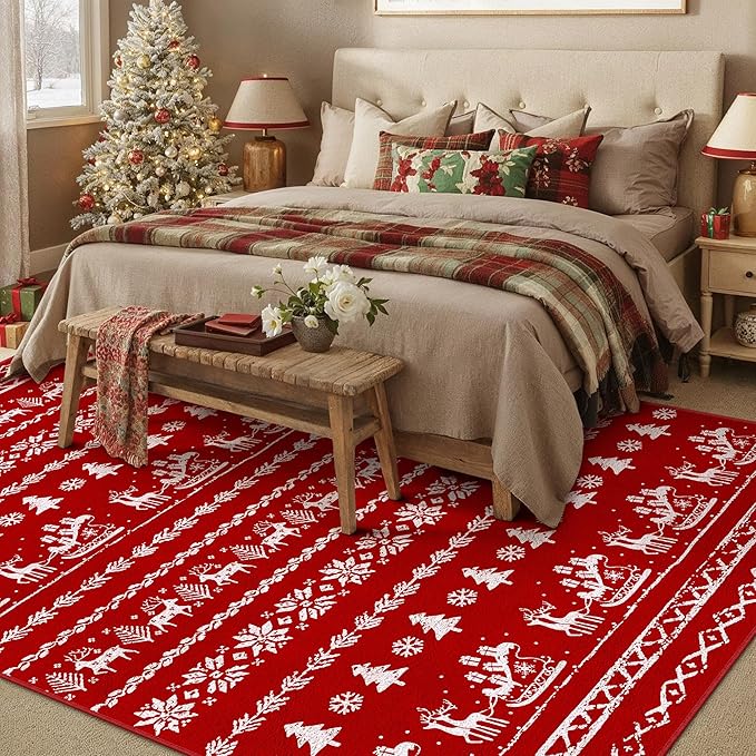 Christmas Area Rug 5x7 Red Kitchen Washable Carpet Xmas Snowflake Holiday Decor Indoor Throw Rug Living Room Soft Low Pile Carpet Non Slip Bedroom Dining Room Office Nursery Bathroom