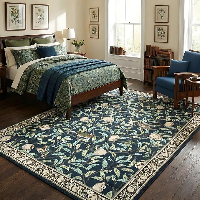 GarveeHome 8x10 Area Rugs for Living Room, Boho Leaf Rugs for Bedroom with Soft Low Pile, Non Slip Botanical Bird Large Washable Rug 8x10 for Dining Room Stain Resistant Navy Blue Throw Rug