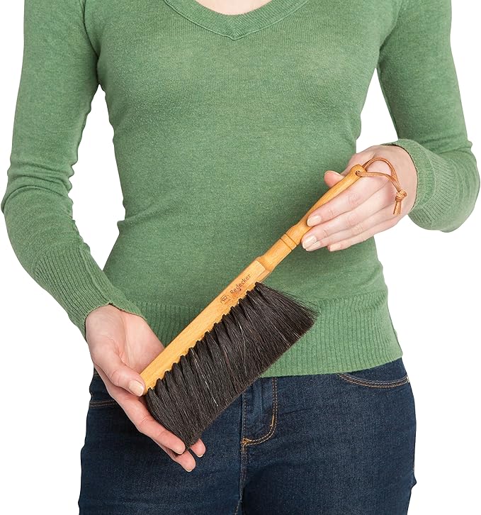 REDECKER Horsehair Fiber Hand Brush and Dust Pan Set - Wooden Broom and Dustpan Set for Home - Outdoor Dust Pan and Brush - Oiled Beechwood Handles - Large Capacity Stainless Steel Dust Pan