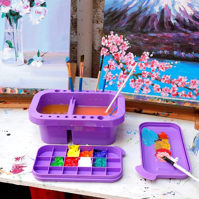 MyLifeUNIT Paint Brush Cleaner, Paint Brush Holder and Organizers with Palette for Acrylic, Watercolor, and Water-Based Paints (Purple)