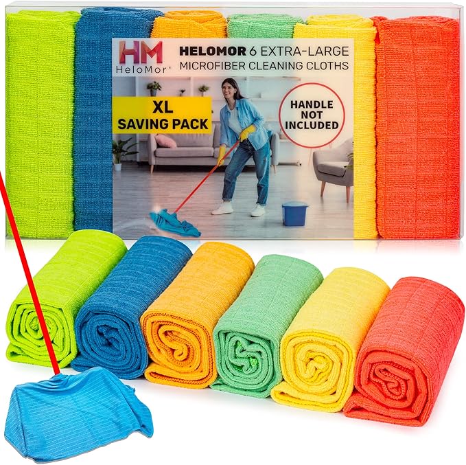 HELOMOR 6 Extra Large Microfiber Cleaning Cloths, 30"x18" Floor Towels for Squeegee Mop, Reusable Multi-Purpose Cleaning Rags for House, Kitchen, Car & Windows, Highly Absorbent, Lint-Free