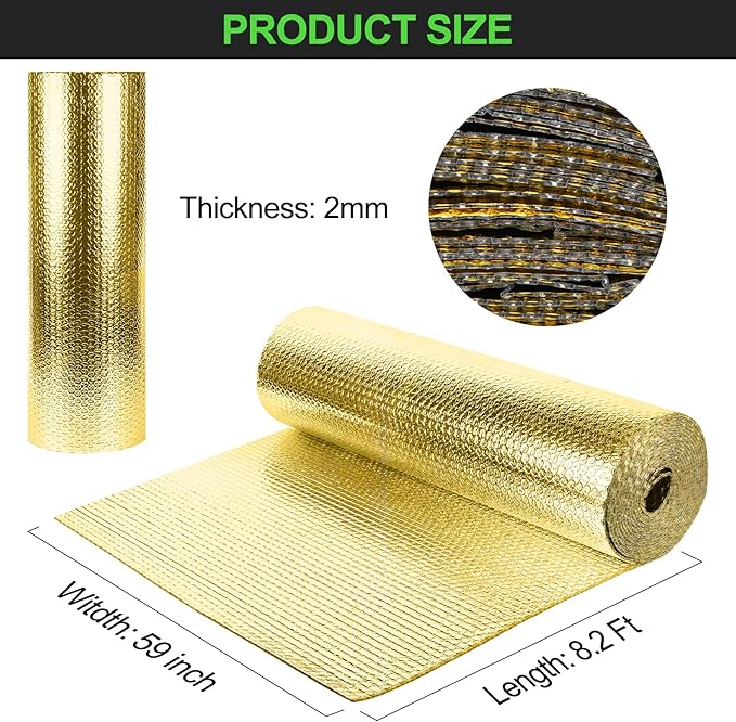 Reflective Insulation Roll 59inch x 8.2Ft Double Bubble Reflective Aluminum Foil Wrap Insulating Sheet Thermal Shield Radiant Barrier for Winter RV Window Thermal Cold Insulation Summer Heat - Golden