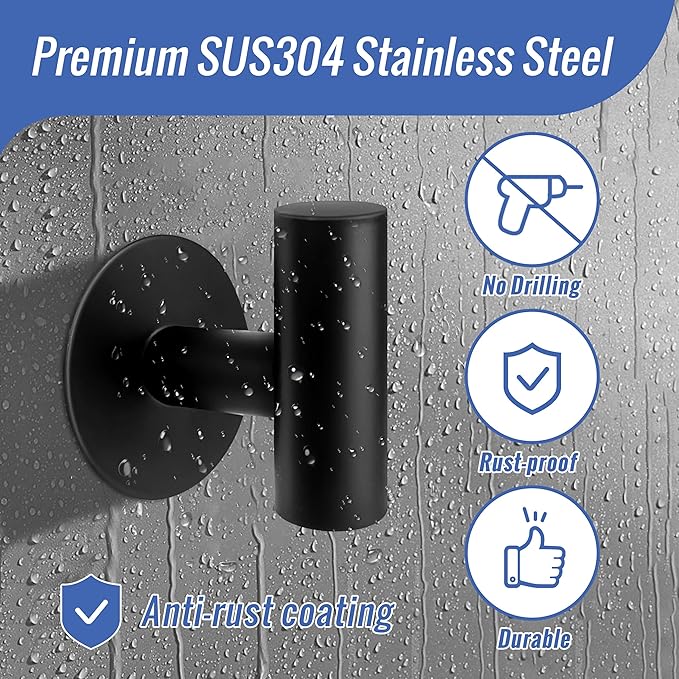 Adhesive Towel Hooks, Black SUS 304 Stainless Steel Hooks, Heavy Duty Waterproof Wall Hooks, Self Adhesive Coat Robe Hooks for Bathrooms Kitchen Wall Mounted (Black, 2 Pcs)