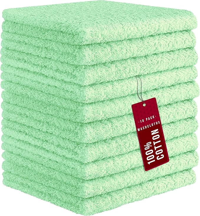 DecorRack 10 Pack 100% Cotton Wash Cloth, Luxurious Soft, 12 x 12 inch Ultra Absorbent, Machine Washable Washcloths, Pale Green (10 Pack)
