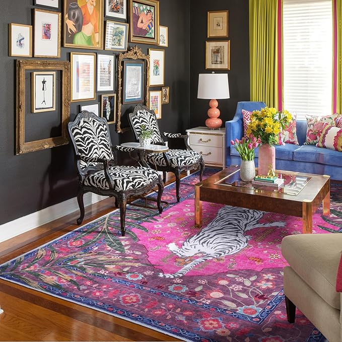 5x7 FT Leopard Rug for Living Room Hot Pink Leopard Vintage Animal Rug Aesthetic Pink Rugs for Girls Room Nursery Bedroom Home Office Dorm Thin Bright Magenta Carpet (Hot Pink, 5X7 FT)