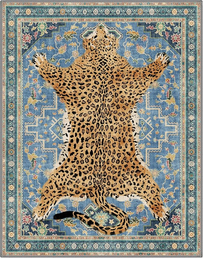Bavni 8x10 Leopard Rug, Machine Washable Cheetah Animal Print Low Pile Boho Woodland Jungle Carpet, Non-Slip Non-Shedding Pet Friendly Rug for Living Room Playroom Nursery Bedroom Dining Room, Blue
