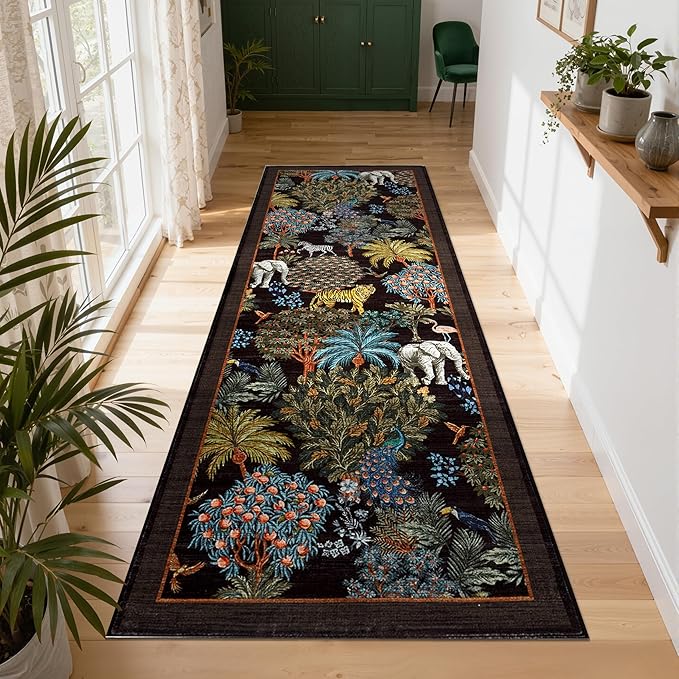 GarveeHome Jungle Rug 2.5x8 Kitchen Runner Rug Non Slip Washable Runners for Hallways, Animal Print Runner Rugs with Rubber Backing Soft Low-Pile Forest Long Carpet for Bedroom Entryway Laundry, Black