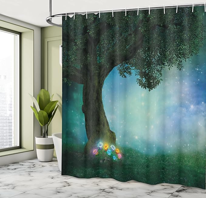 Ambesonne Forest Shower Curtain, Little Red Riding Hood Woodland at Night Flowers and Stars Image Print, Cloth Fabric Bathroom Decor Set with Hooks, 69" W x 70" L, Multicolor Forest Green