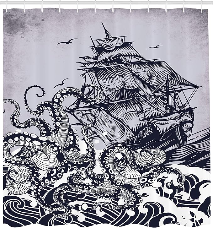Ambesonne Vintage Art Nautical Shower Curtain Set for Ocean Theme Bathroom Kraken Octopus Tentacles with Ship Sail Boat in Ocean Waves 100% Polyester Cloth Fabric Set with 12 Hooks 69" W x 84" L, Blue