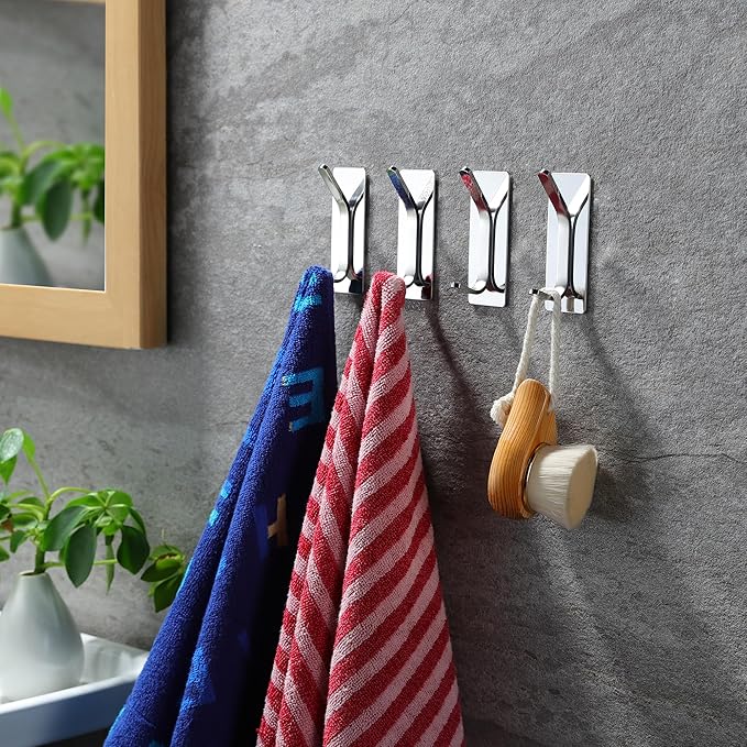 YIGII Adhesive Hooks -4 Packs Wall Hooks for Hanging Towels, Clothes, Robes Stick On Towel Hooks No Drill for Bathrooms Kitchen Stainless Steel